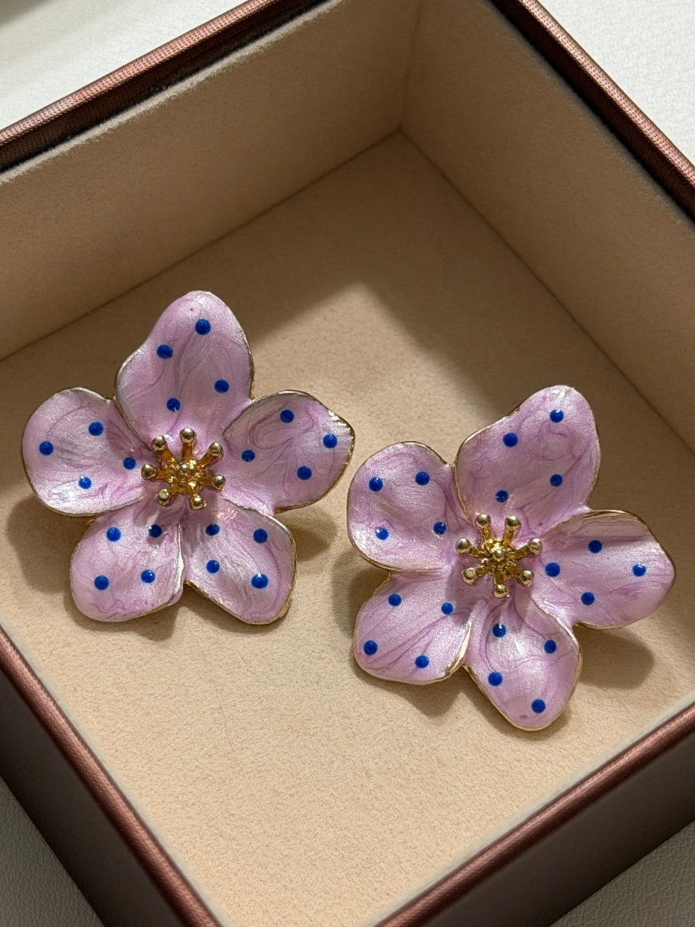 Vintage Golden Mauve Blue Polka Dot Oil Dripping Enamel Stud Statement Earrings